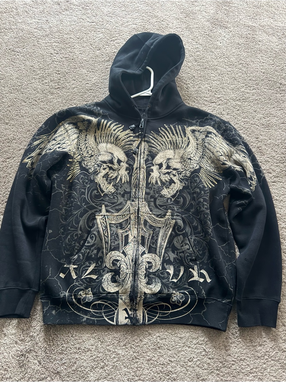 Black Graphic Zip-Up Hoodie Sweater with Gold Skull Wings
